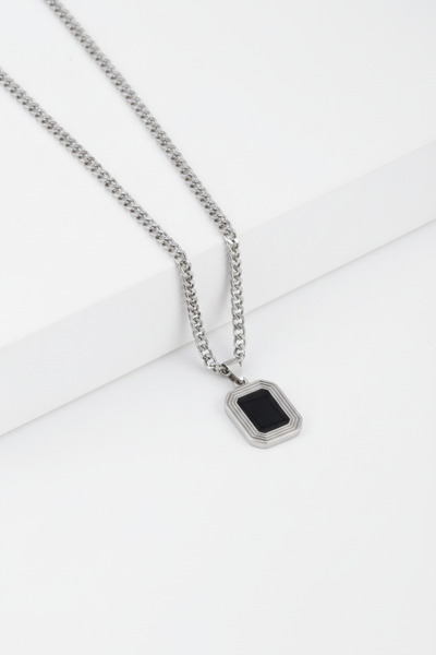 HERİF Aksesuar Erkek Geometrik Sekizgen Siyah Plakalı Çelik Kolye