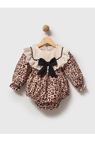 COLORED BABY Baby Girl Scallop Collar Bow Detailed Leopard Patterned Romper J...