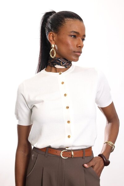 5in1Canpolat Ecru Short Sleeve Knitwear Cardigan