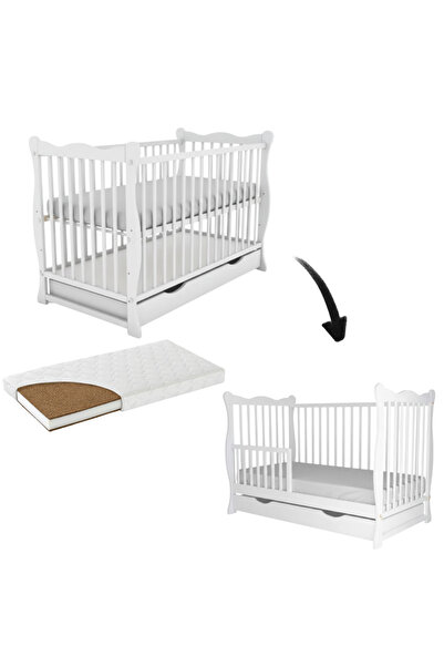 Kidizi Solid wood crib with drawer, lid, barrier 120x60 cm Isla white and coc...