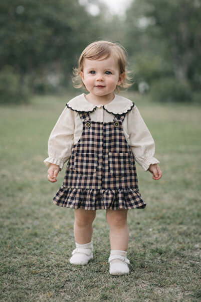 MODA Kız Bebek Bebe Yaka Gömlek Ekose Elbise 2'li Takım