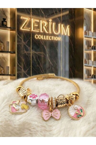 ZERİUM Modern Steel Stylish Women's Charm Steel Bracelet Bow and Art Flowers ...