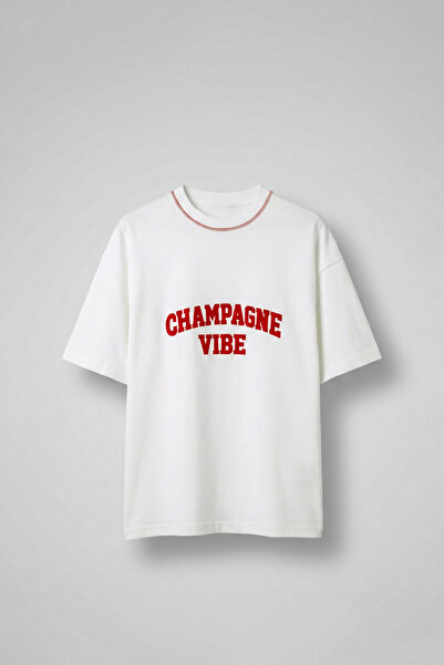 ablukaonline Men's Oversize Premium Contrast Collar Printed T-Shirt Ecru