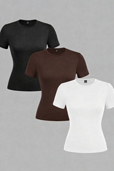 ÖZ PAMUK Cotton Soft Textured Comfortable Straight Cut Short Sleeve 3-Pack Cr...