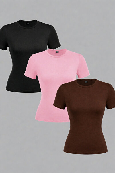 ÖZ PAMUK Cotton Soft Textured Comfortable Straight Cut Short Sleeve 3-Pack Cr...