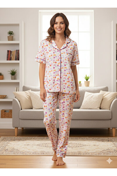 Pimody Women's Front Buttoned Short Sleeve Long Printed Pajama Set