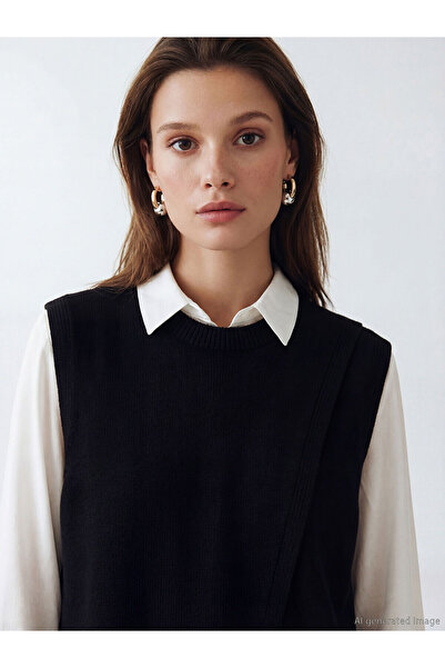 LC Waikiki Μαύρο πλεκτό πουλόβερ γυναικείο με λαιμόκοψη