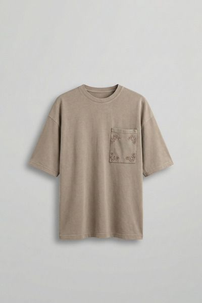 ablukaonline Men's Oversize Premium Pocket Embroidered T-Shirt Beige