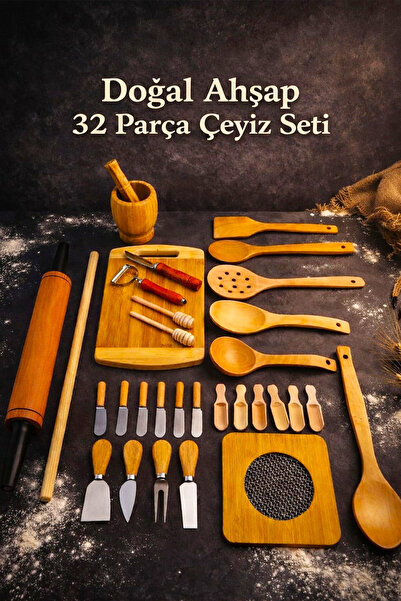 SWENCRAFT Ahşap 32 Li Döner Merdane Havan Oklava Nihale Kaşık Kepçe Kevgir Ba...