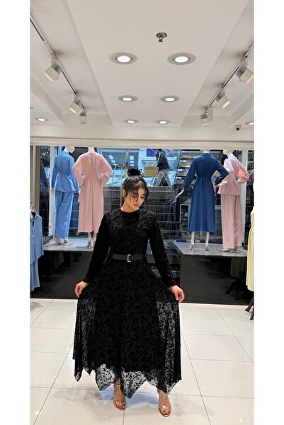 Foola Moda Siyah Desenli Dantel Detaylı Kemerli Abiye Elbise - Asil ve Şık