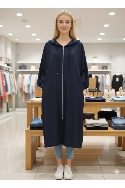 Puane Women's Hooded Zippered Navy Blue Denim Giy Çık Trench Coat Kap 15267