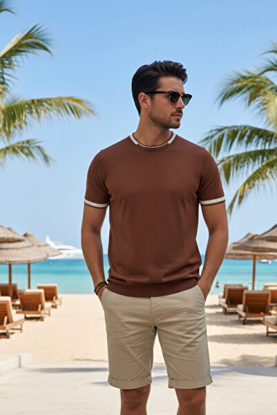 Maccali Men's Summer Trend Short Sleeve Knitwear Brown T-Shirt