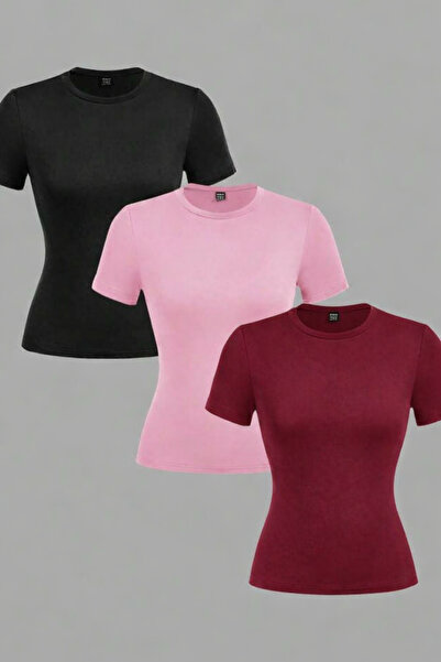 ÖZ PAMUK Cotton Soft Textured Comfortable Straight Cut Short Sleeve 3-Pack Cr...