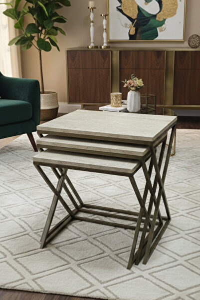 Mobievim Venedik Eskitme Bakır Metal Ayaklı Traverten Üst Tabla Zigon Sehpa –...