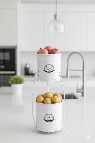 Funny Life 2 Katlı Dekoratif Metal Patates & Soğan Saklama Kab - Büyük Boy - ...