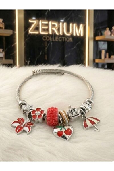 ZERİUM Modern Steel Stylish Women's Charm Steel Bracelet Umbrella Cherry Heart