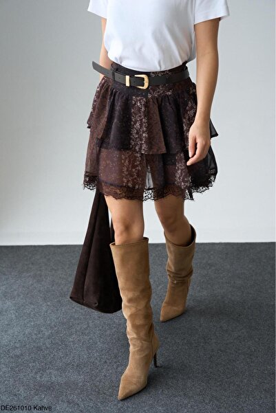 CADDELAMODA Women's Belted Floral Patterned Chiffon Shorts Skirt with Lace De...