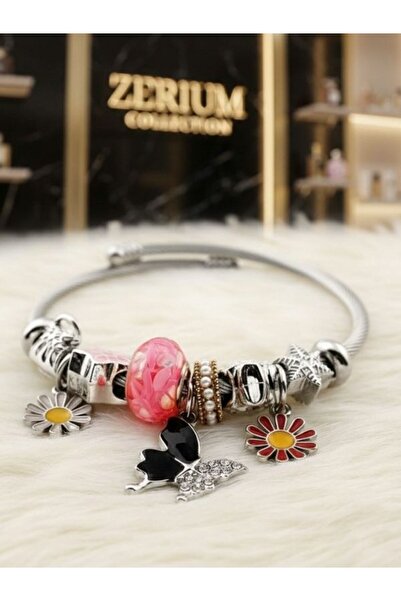 ZERİUM Modern Steel Stylish Women's Charm Steel Bracelet Colorful Flowers and...