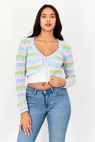 PROMOD Women Tie Neck Stripe Long Sleeve Cardigan, Multicolor