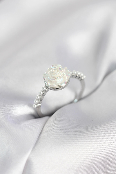 Nacario مي للواردات ®   خاتم نسائي من اللؤلؤ موديل الوردة باللون الفضي