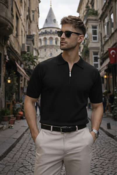 Maccali Men's Basic Zippered Relax Fit Black Polo Collar T-Shirt