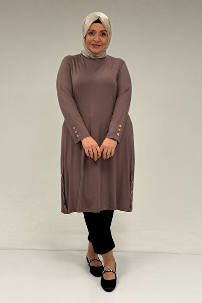 Eslina 38015 Plus Size Button Detailed Combed Cotton Tunic - Mink