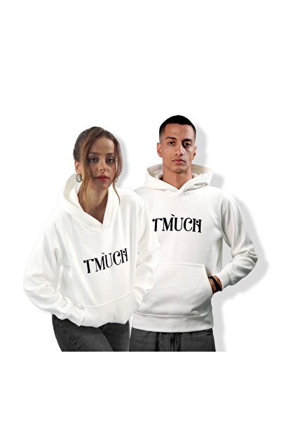 T-MUCH Premium Cotton 400g Unisex White Hoodies With Black Logo Printed