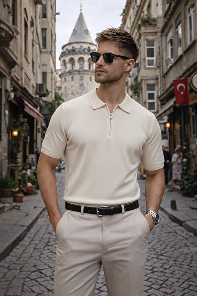 Maccali Men's Basic Zippered Relax Fit Beige Polo Neck T-Shirt