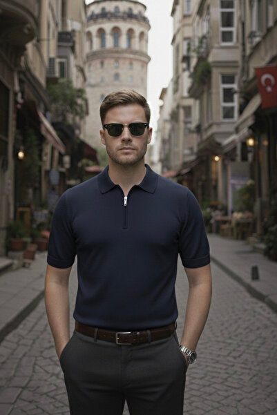 Maccali Men's Basic Zippered Relax Fit Navy Blue Polo Collar T-Shirt