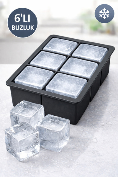 Delvos 6 Bölmeli Büyük Boy Silikon Buz Kalıbı Silikon Kare Buzluk Kokteyl Sun...
