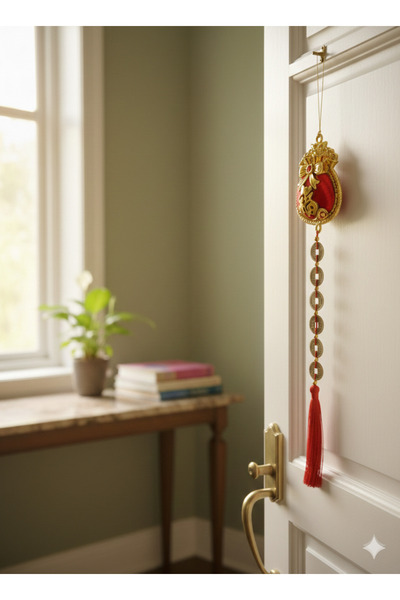 PİRAMİGO Feng Shui Gökyüzü Şansı Bereket Tılsımı - 6 Çin Paralı Bolluk Mıknatısı Kırmızı Kese Figürlü Askı