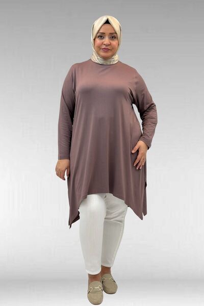 Eslina 58070 Plus Size Asymmetrical Cut Combed Cotton Tunic - Mink