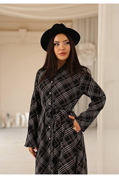 Cannes Arima Women's Casual Square Patterned Belted Gray Stylish Dress