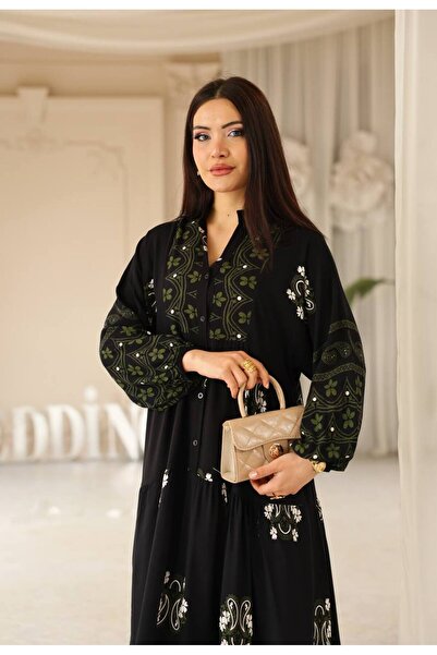 Cannes فستان نسائي من تيسا بياقة مطرزة وخطوط خضراء بوهيمية باللون الأسود