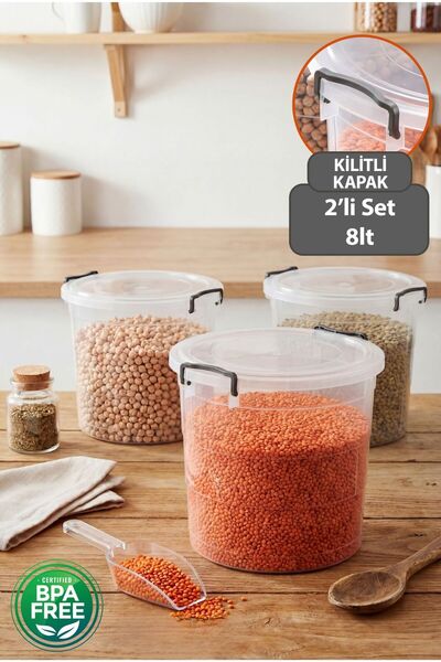 Tercih Home 2-Piece Mega Flour Container - 8 Lt Lock Lid Tea Sugar Legume Foo...