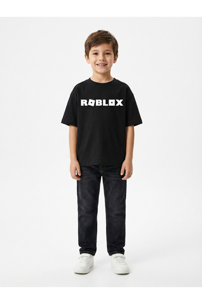 ALYAKİDS تي شيرت أسود كبير الحجم مطبوع عليه شخصية روبلوكس للأولاد مصنوع من ال...