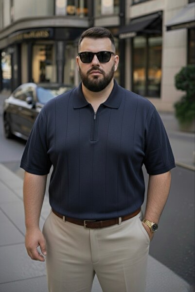 Maccali Erkek Premium Büyük Beden Lacivert Triko Polo Yaka Tişört