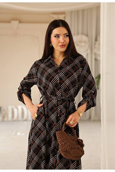 Cannes Arima Women's Casual Square Patterned Belted Black Stylish Dress