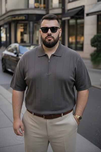 Maccali Erkek Premium Büyük Beden Füme Triko Polo Yaka Tişört