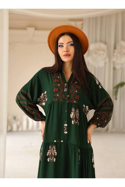 Cannes Tissa Women's Embroidered Stand Collar Bohemian Khaki Dress