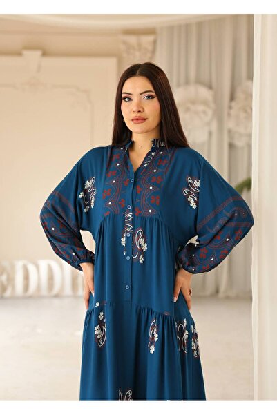 Cannes Tissa Women's Embroidered Stand Collar Bohemian Blue Dress