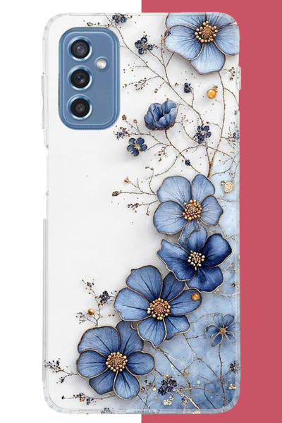 Aksesuarist Samsung Galaxy M52 Uyumlu mavi çiçek UV Baskılı Silikon Kılıf