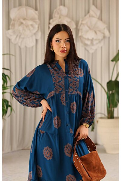 Cannes Rissa Women's Relaxed Fit Ethnic Patterned Bohemian Blue Dress