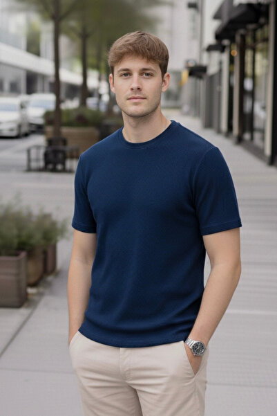 Maccali Men's Trend 100% Cotton Waffle Fabric Blue T-Shirt