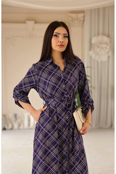 Cannes Arima Women's Casual Square Patterned Belted Burgundy Stylish Dress