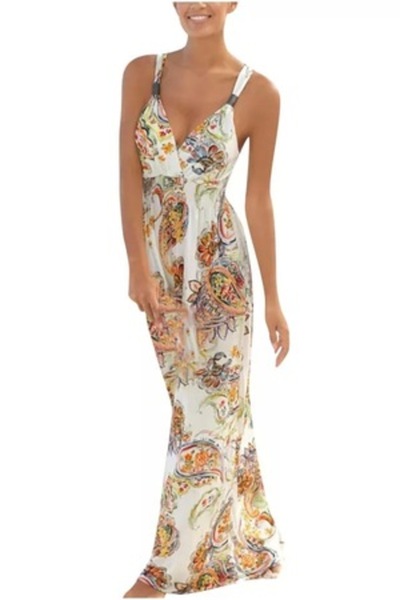 FASHION Long Dress with Abstract Print, White