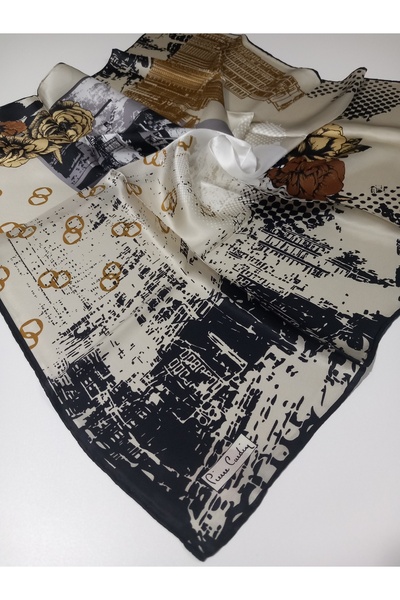 Pierre Cardin Black and Brown Mixed Pattern Sura Silk Scarf-8392230-312-Kvs0565