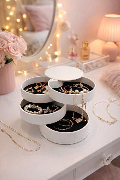 CELESTA 4 KATLI DÖNER TAKI ORGANİZERİ ŞIK TAKI KUTUSU DÜZENLEYİCİ BEYAZ