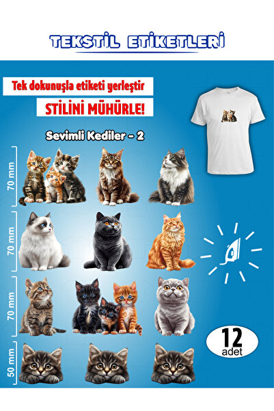 AGG Reklam Ütü ile Yapışan Kıyafet Etiketi Kediler -2 12Li Set