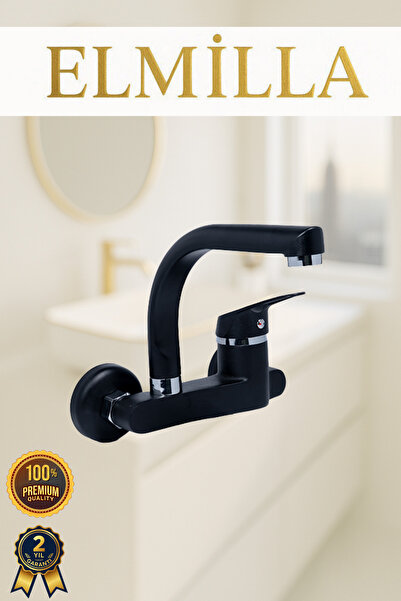 elmilla Siyah Duvardan Oynar Borulu Mutfak Ve Lavabo Bataryası Yandan Aplike ...